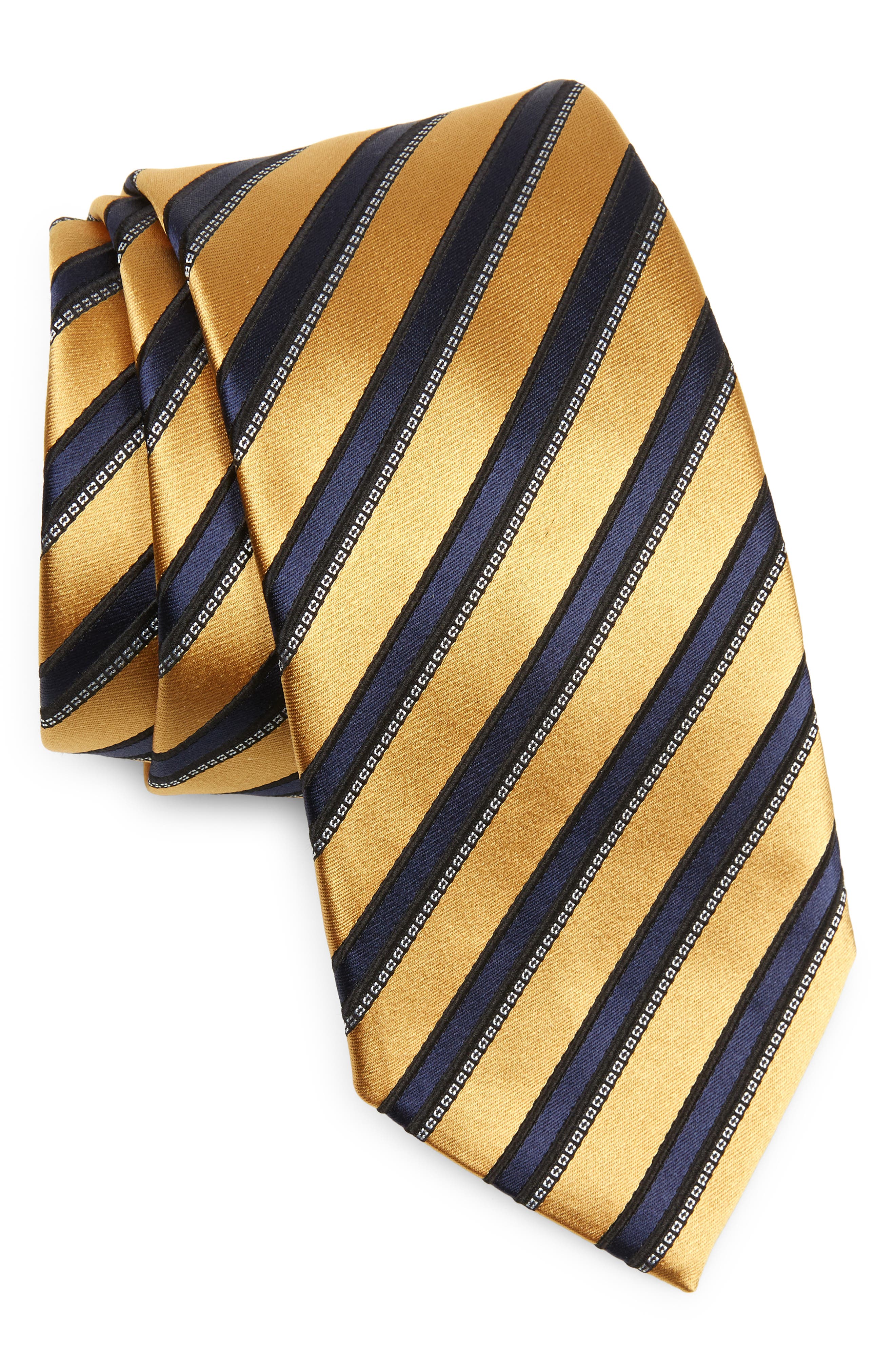 John G Hardy Mens Silk Necktie Large Regimental Stripe Burgundy Blue Gold Green